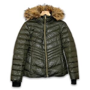 Andrew Marc Olive Green Puffer Ski Jacket with Faux Fur Hood Trim